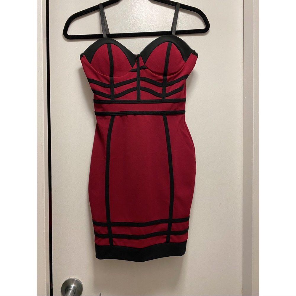 Red bodycon dress with black trim